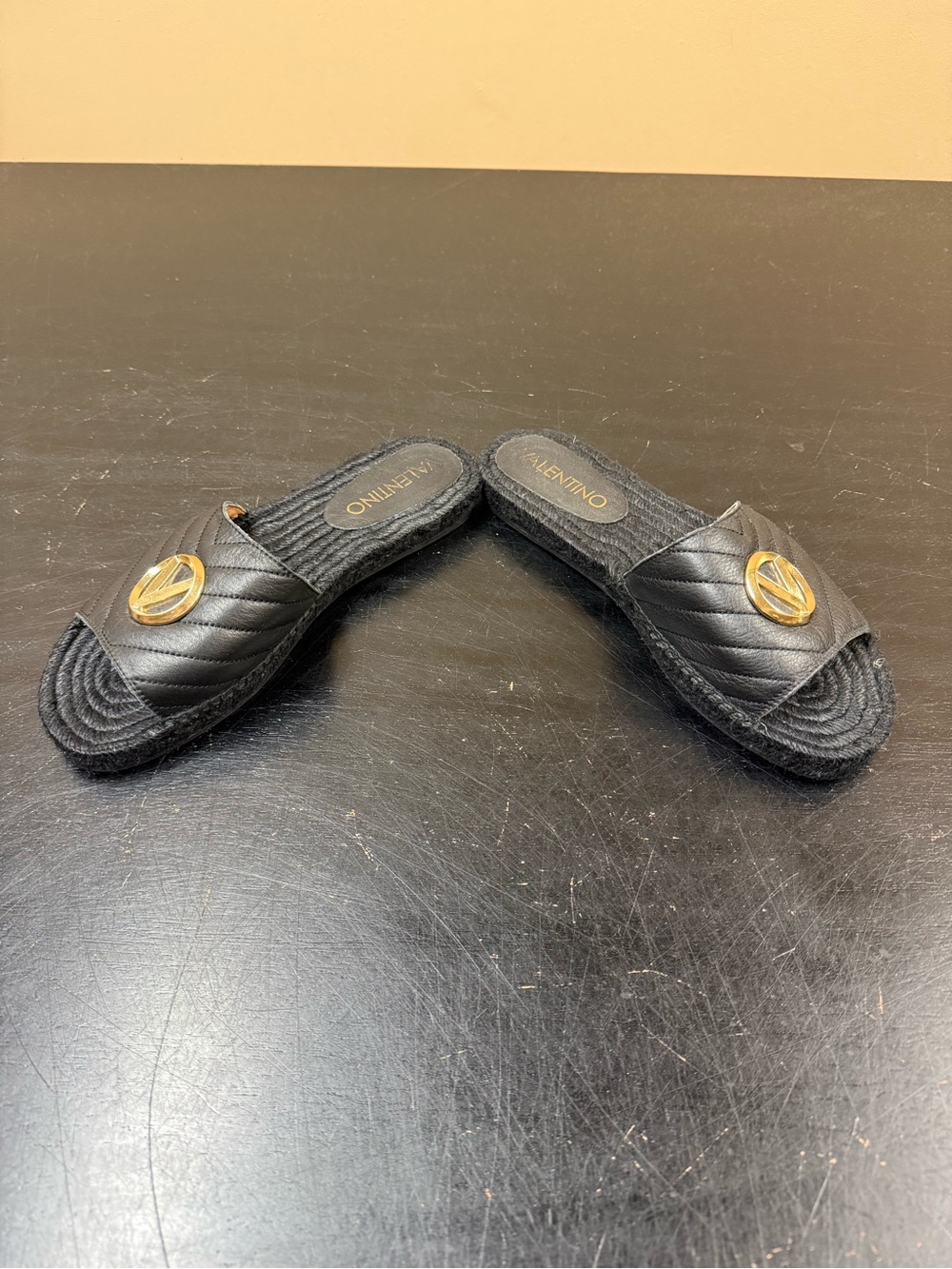Valentino Black Quilted Slide Mules with Gold V-Logo - Picture 2 of 4